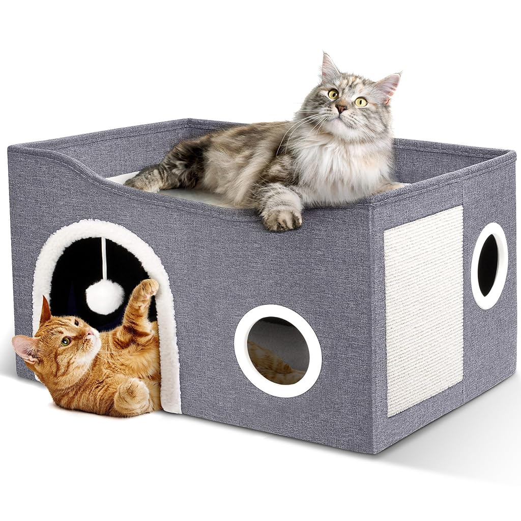 Qpets Cat Bed, Large Cat House, Foldable Cat Cave for Pet Cat House with ATOP Platform & Cat Scratcher Board, Double Layer Cat House Cat Hidewawy Game Tunnel for All Season Use Qpets Cat Bed, Large Cat House, Foldable Cat Cave for Pet Cat House with ATOP Platform & Cat Scratcher Board, Double Layer Cat House Cat Hidewawy Game Tunnel for All Season Use